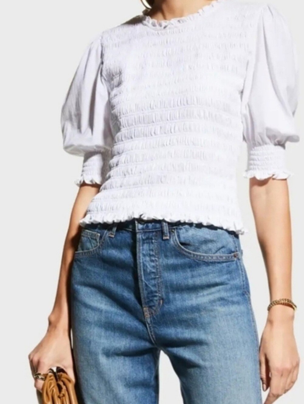Veronica Beard Jeans Smocked Puff Sleeve Top White Clean Girl Feminine Small